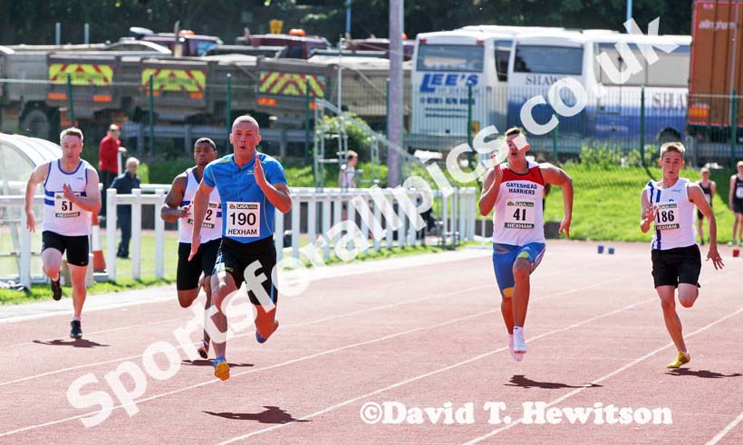 Richard Kilty (Gateshead) breaking Dwain Chambers's 100 metres track record in an Open event during the Hexham Decathlon and Heptathlon. Photo: David T. Hewitson/Sports for All Pics